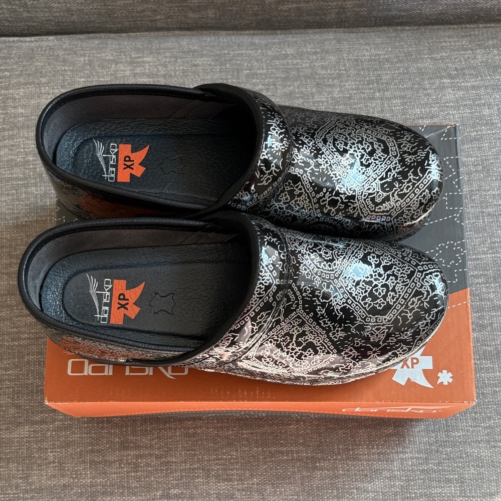 Dansko Pro XP “Motif” Black and Silver Patterned Clogs